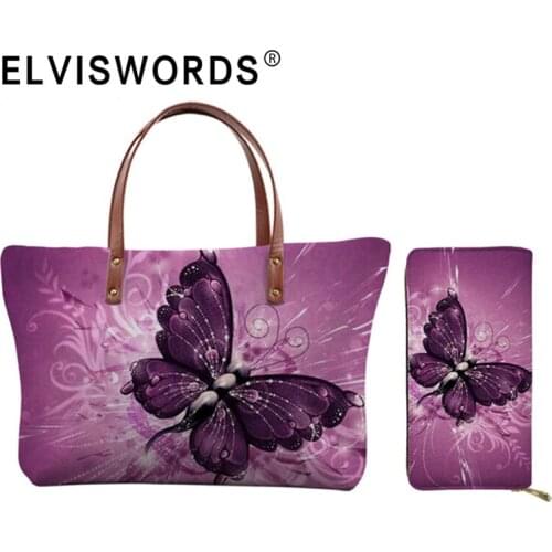 ELVISWORDS Ladies Hand Bags Wallet Set Animal Butterfly Print Womens Shoulder Handbags Large Capacity Shopping Bag Bolsos Mujer