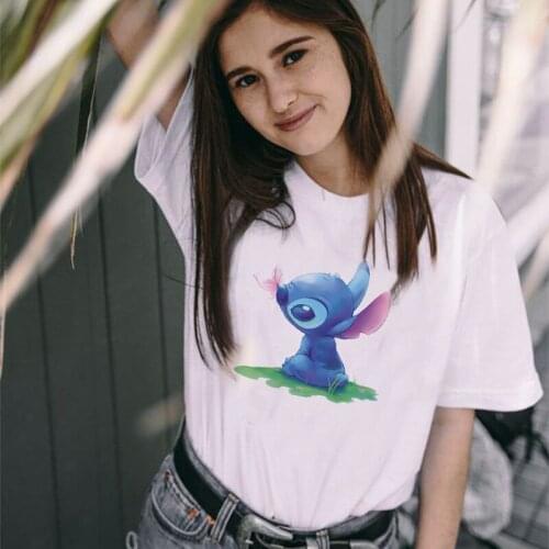 Disney Lilo Stitch Cartoon Women T-shirt Tops Lady Summer Short Sleeve Tshirts White O-neck Harajuku Hip Hop Femme Graphic Tee