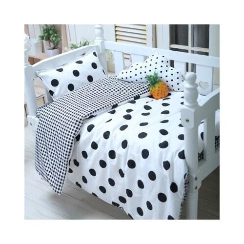 Good Quality Baby Bedding Set Pure Cotton Cartoon Pattern Crib Bed Sheet Kit Lovely Black Dots ,Duvet/Sheet/Pillow, with filling