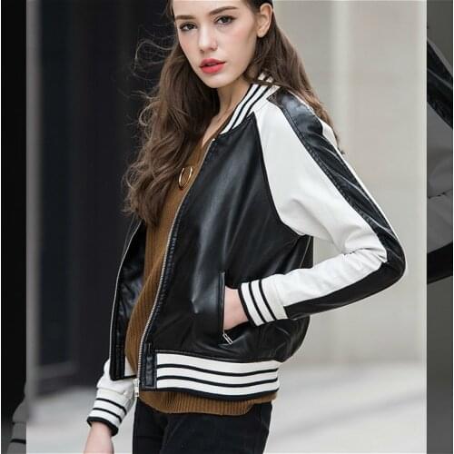 Women Autumn Spring Black White Bomber Baseball Faux Leather Jacket Female Ladies Fall Motorcycle Biker Short PU Coat Oversize