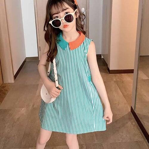 Summer Girls' Dress Korean Style Lapel Stripe College Wind Big ChildrenS Princess Dress Kids Clothing For Girls Teens 4-13 Year