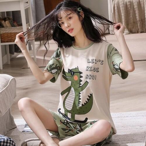 Cute And Fun Skateboarding Little Crocodile Print Summer Home Wear Short Sleeve Color Matching Womens High-quality Sleepwear