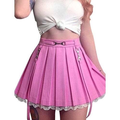 2021 Sweet Girls Lace Patchwork Pleated Skirts Womens Fashion Sexy High Waist Mini A-Line Skirt College Style Streetwear