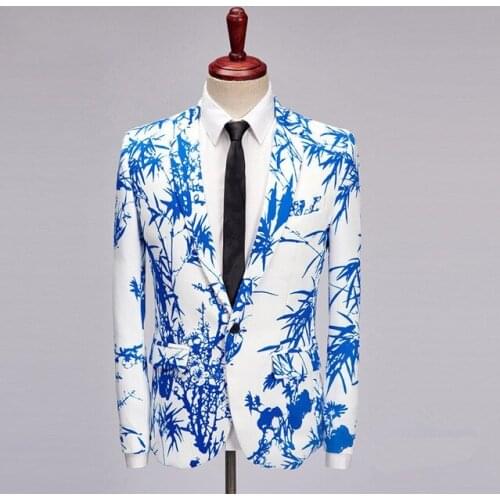 Tide Men Fashion Blue Bamboo Print Casual Suit Jacket Costume Homme Botones Terno Male Blazer Masculino Slim Fit Outfit