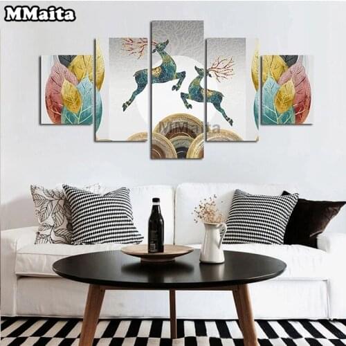 5D Diy Full Square/Round Diamond Painting 5 Pcs Abstract Leaping Deer Cross Stitch Kit Embroidery Leaves Mosaic Art Decor GG5790
