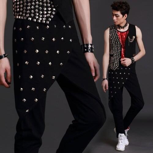 New Bar Male Singer Performance Costume Hair Stylist Haren Pants Nightclub Rock Dj Stage Windbreaker Pants Ropa De Hombre 2020