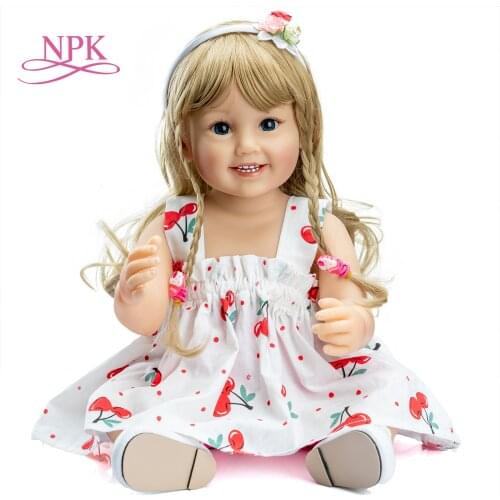 NPK 55CM original reborn baby toddler girl has long blonde hair very soft full body silicone doll bath toy