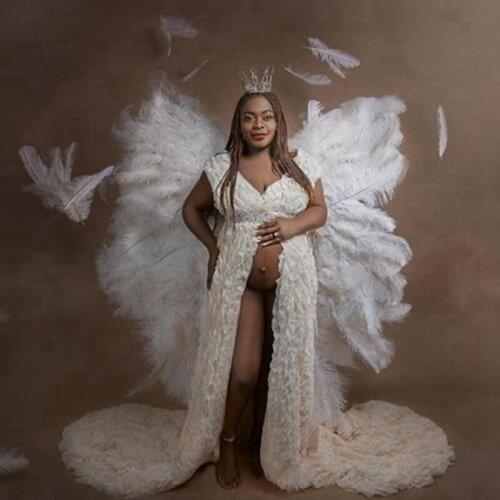 Charming Red Ruffles Tiered Mesh Maternity Women Dress With Flare Sleeves Pretty High Neck A-line Pregnancy Dress Bridal Gowns