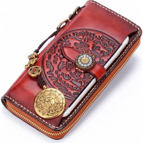 Original Women Men Cow Leather Wallets Embossing Chinese Hasp Bag Purses Long Clutch Wallet Card Holder Cell Phone Pocket