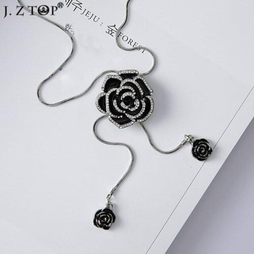 Enamel Rhinestone Rose Flower Necklace Pendant Fine Chain Long Necklaces Sweater Chian Collier Femme Clothing Accessories