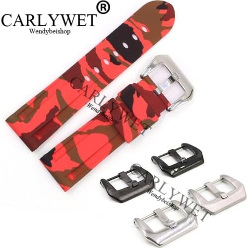 CARLYWET 24mm Camo red Waterproof Silicone Rubber Replacement Wrist Watch Band Strap Silver Black Buckle For Luminor