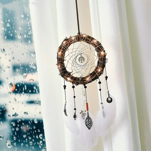 Rattan Handmade Woven Dream Catcher Pendant Leaves Wall Hanging Girl Kids Gifts Room Decoration White Feather Ornaments