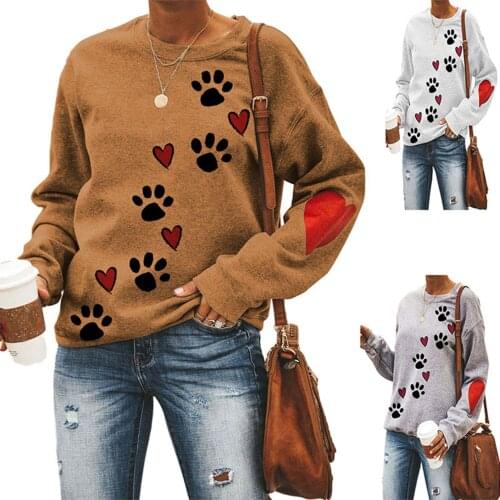 Dog Paw Print Sweatshirt Fashion Women O-Neck Love Printed Hoodie Long Sleeves Tops Pullover Female Streetwear Hoody Plus Size