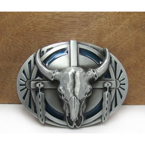 BuckleClub wholesale retro blue enamel bull head cowboy jeans gift belt buckle FP-02229-3 pewter finish for men 4cm width loop