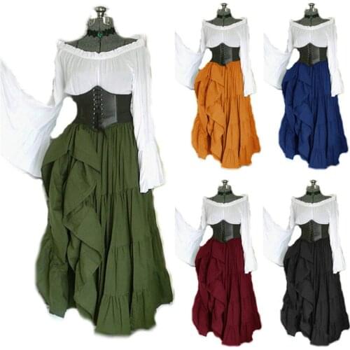 Renaissance Medieval Vintage New Halloween Women Cosplay Costume Gothic Retro Victoria Carnival Long Sleeve Pleated Corset Dress