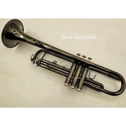 Hot Selling Bb Trumpet Black Nickel Plated Professional Musical Instrument Exquisitely carved design with Case Free Shipping