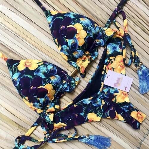 Girls ties halter brazilian push up bikini tassels swimwear biquini strappy bandage swimsuit beach wear bathing suit women
