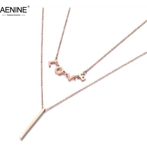 AENINE OL Style Double Layer Love Letter Charms Chokers Necklaces For Women Titanium Stainless Steel Pendant Jewelry AN19034