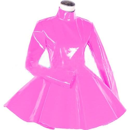 Women Long Sleeve Turtleneck Elegant A-Line Mini Dress Fashion Wet Look PVC Leather Party Cute Lolita Dresses Night Clubwear