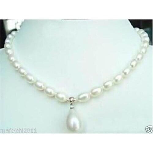 Women Gift word Love real New 7-9MM White Cultured Pearl & Shell Pearl Pendant Necklace 18