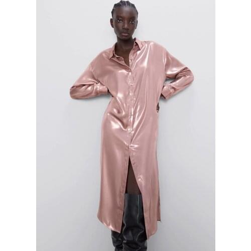 European Autumn New Pink Metal Effect Long Sleeve Single Breasted Loose Shirt Dresses Women Fashion Streetwear 2021