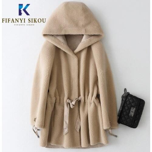 Winter Wool Fur Coat Women Fluffy Real Cashmere Hooded Fur Coat Female Plush Particles Natural Fur Jacket High quality Overcoat