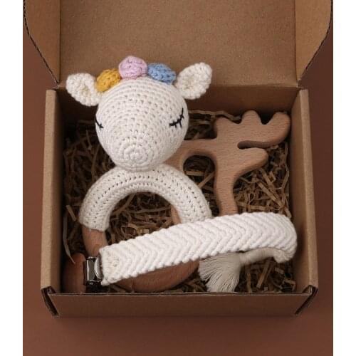 1 Set Baby Newborn Knitted Cotton Deer Wooden Ring Teether+Pacifier Clip Chain