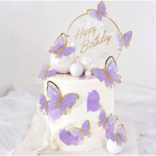 10pcs Purple Royal Butterflies Hand Painted Style Happy Birthday Cake Toppers Butterflies For Wedding Party Baby Gifts