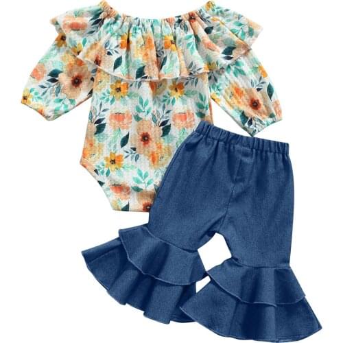 New Baby Girls 2Pcs Fall Outfits, Long Sleeve Off Shoulder Floral Romper + Flare Pants Set