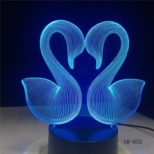 3D Sweet Double Kiss Swam Decoration Bedroom Atmosphere LED 7 Color Change Night Table Lamp Romantic Valentines Day Gift AW-955