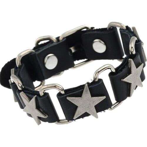 Punk Fashion Genuine Leather Cuff Bracelet Vintage Star Charm Black Wristbands Belt Alloy Link Retro Bangle Chain Unisex Jewelry
