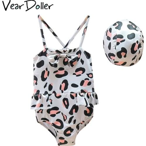 VearDoller Baby Swimwear Leopard Print Childrens Swimsuit Cute Bow Girl Bathing Suit with Swimming Cap Ruffles Baby Rompers