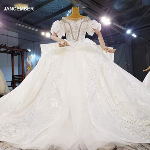 HTL2085 Sexy V-Neck Ball-Gown Beaded Crystal Luxury Sequined Wedding Dress 2021 Lace Up Back Short Puff Sleeve