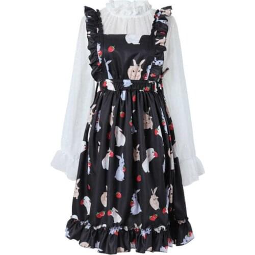 Women Sets Flare Sleeve TurtleneckTransparent Blouse And Cartoon Print Sleeveless Suspender Japan Kawaii Cute Harajuku Clothes
