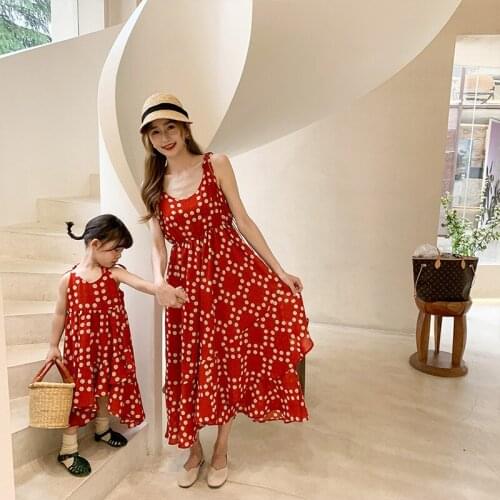 Summer New Kids Girls Dotted Chiffon Dress Family Dress