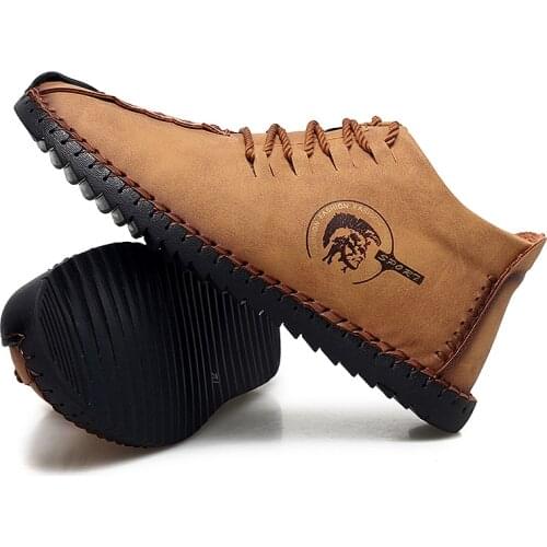 Mens suede lining winter lace-up Oxford leather hand-driving ankle boots casual warm plush lining snow shoes