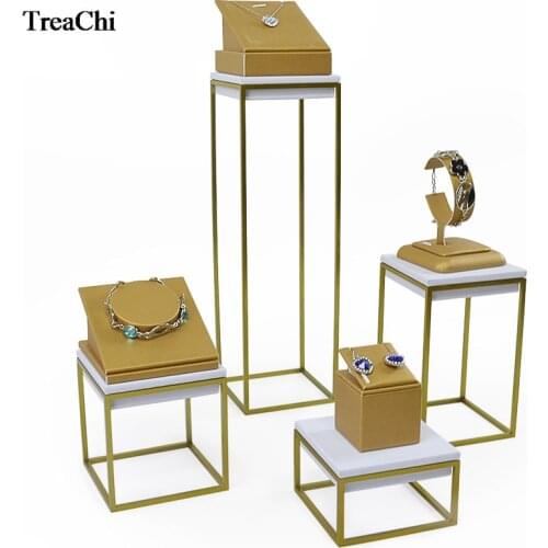 Quolity Stainless Steel Window Jewelry Counter Showcase Gold PU Necklace Bracelet Earring Organize Watch Chain Stand Set