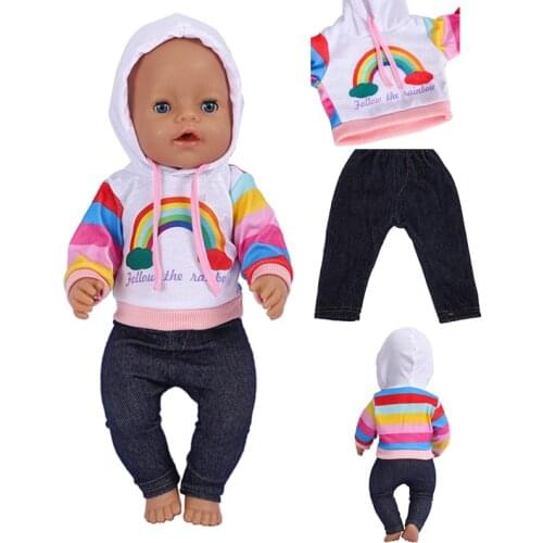 43 cm Reborn Doll Clothes Hoodies Rainbow Three-Piece Hat Fashion Suit Baby New Born 18 Inch Dolls Clothes for Kid Birthday Gift
