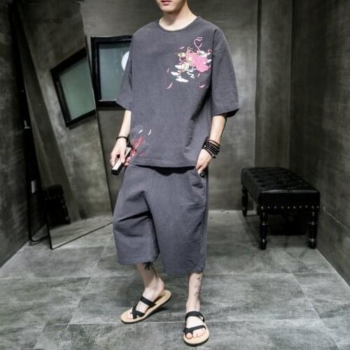 Japanese Style Clothing Summer Set Samurai Man T-shirt Trousers Linen Breathable Chinese Suit Kimono Top Cropped Pants Outfit