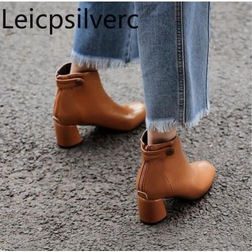 Autumn and winter Thick heel Glossy Patent leather gray Martin boots Short tube womens boots plus size 32-46 high 6cm