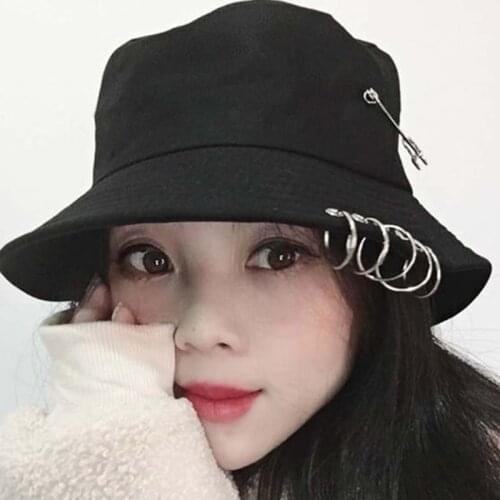 1PC Fashion Unisex Women Men Bucket Hat Pin Rings Sunhat Caps Summer Solid Color Fishing Sun Hat 2 Colors