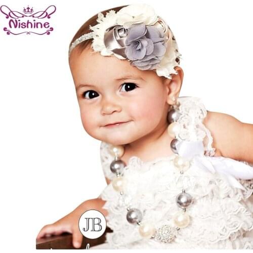 Nishine Boutique Rhinestone Beads Floral Toddler Shining Hairband Handmade Flowers Elastic Headband Baby Accessories Photo Props