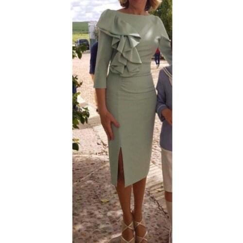 Simple Short Mother of the Bride Dresses Knee Length 3/4 Sleeves Ruffles vestido de madrinha farsali abiti mamma Side Slit