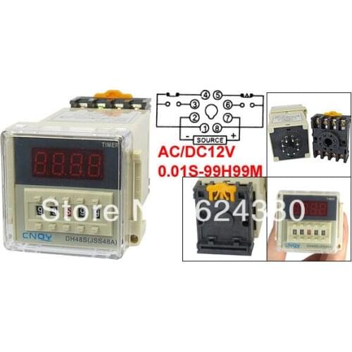 DH48S-2ZH AC DC 12V 0.01S-99H99M Digital Timer Power ON Time Delay Relay DPDT 8 Round Pin w Base Socket