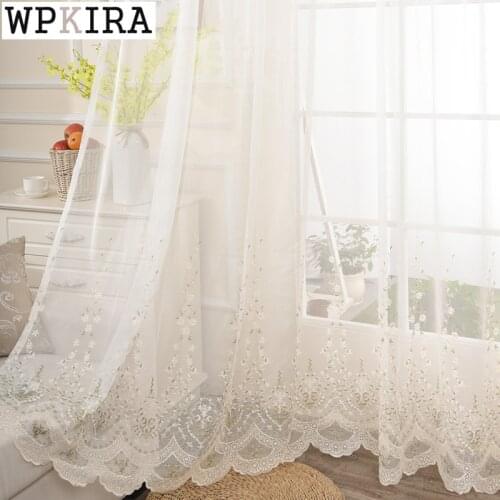 Romantic Floral Sheer Curtain for Living Room Lace Tulle Curtain for Balcony Rustic Embroidery Voile Drape Window S486#C