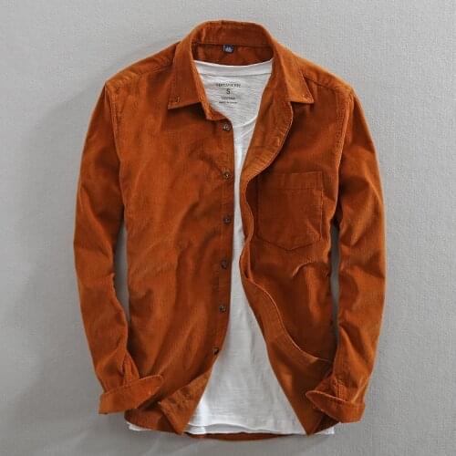 Men Spring and Autumn Fashion Brand Japan Style Vintage Solid Color Corduroy Shirt Male Casual Thin Cotton Long Sleeve Shirts
