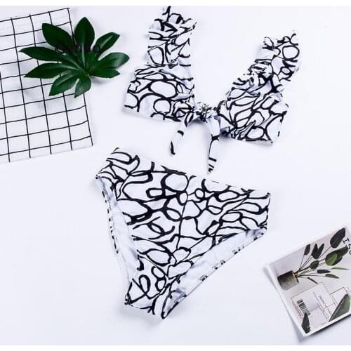 Printed 2-Piece Swimsuit Summer Beach Wear Bikini Lotus Leaf High Waist Triangle Swimsuit Bathing Suit