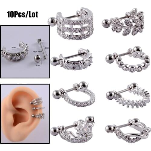 10Pcs Stainless Steel U Type Earring Barbell With Cz Hoop Cartilage Helix Daith Rook Lobe Earring Ear Piercing Jewelry