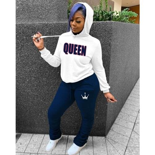 Casual Sport Stacked 2 Piece Set Women Hooded Long Sleeve Lettter Print Sweatshirt And Pleated Pants Matching Sets Tracksuit