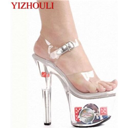 Stylish super star shoes, 17 cm high heels, transparent summer platforms, transparent decor, sandals